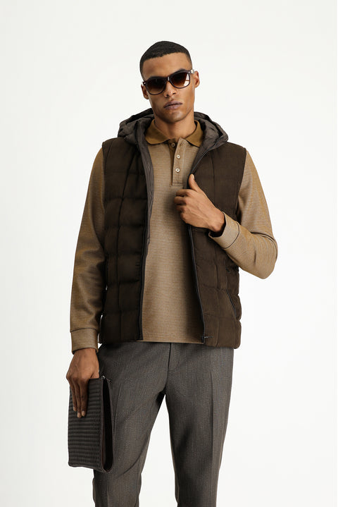 Medium Brown Slim Fit Narrow Cut Hooded Sports Vest