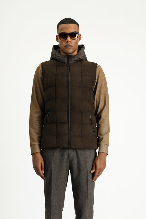 Medium Brown Slim Fit Narrow Cut Hooded Sports Vest