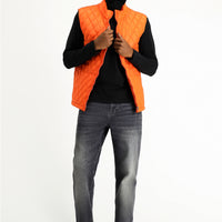 Medium Orange Stand Collar Quilted Sports Vest with Pockets and Zipper
