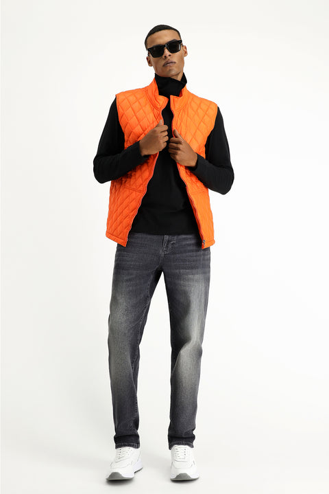 Medium Orange Stand Collar Quilted Sports Vest with Pockets and Zipper