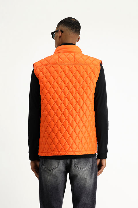 Medium Orange Stand Collar Quilted Sports Vest with Pockets and Zipper