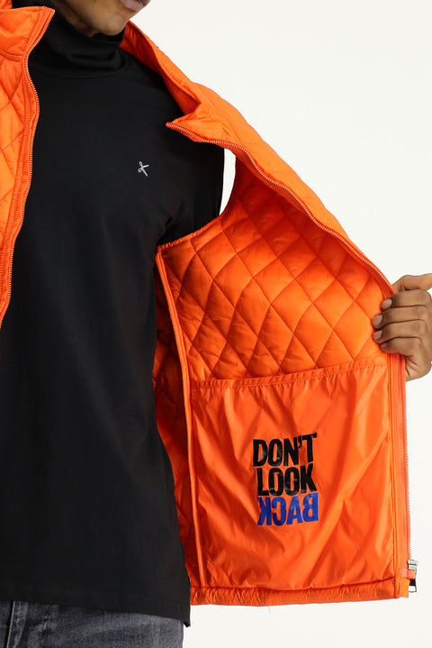 Medium Orange Stand Collar Quilted Sports Vest with Pockets and Zipper