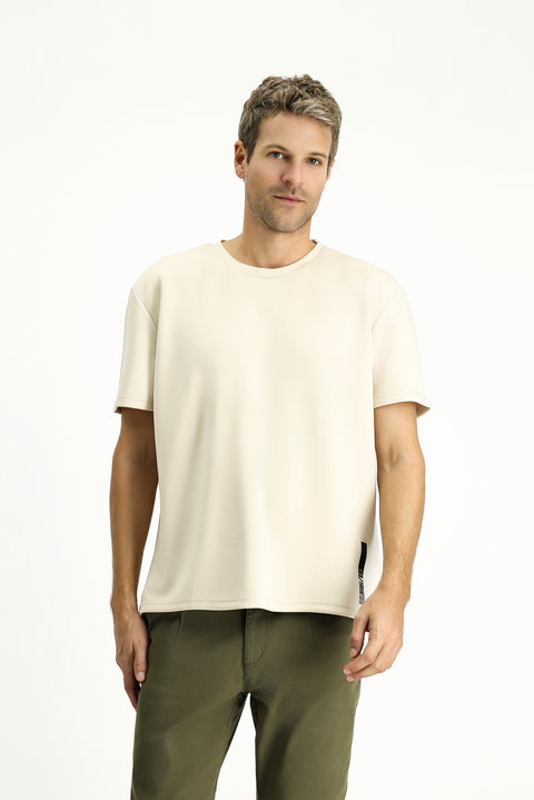 Medium Beige Crew Neck Oversize Lycra Printed T-Shirt