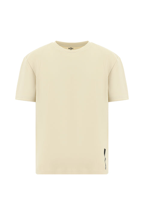 Medium Beige Crew Neck Oversize Lycra Printed T-Shirt
