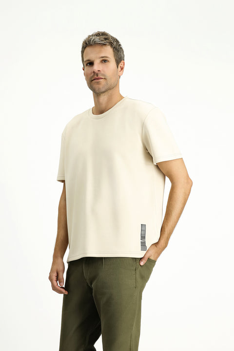 Medium Beige Crew Neck Oversize Lycra Printed T-Shirt