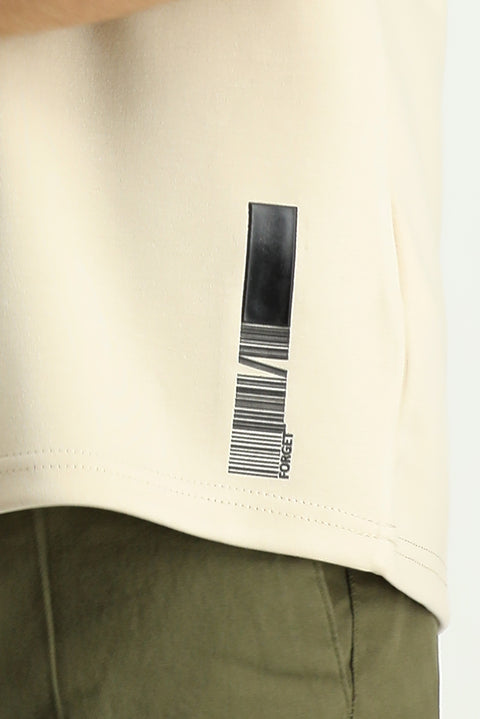 Medium Beige Crew Neck Oversize Lycra Printed T-Shirt