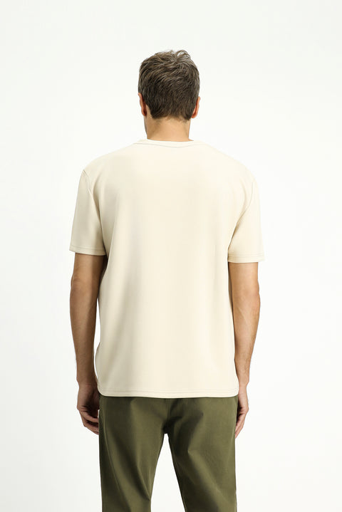 Medium Beige Crew Neck Oversize Lycra Printed T-Shirt