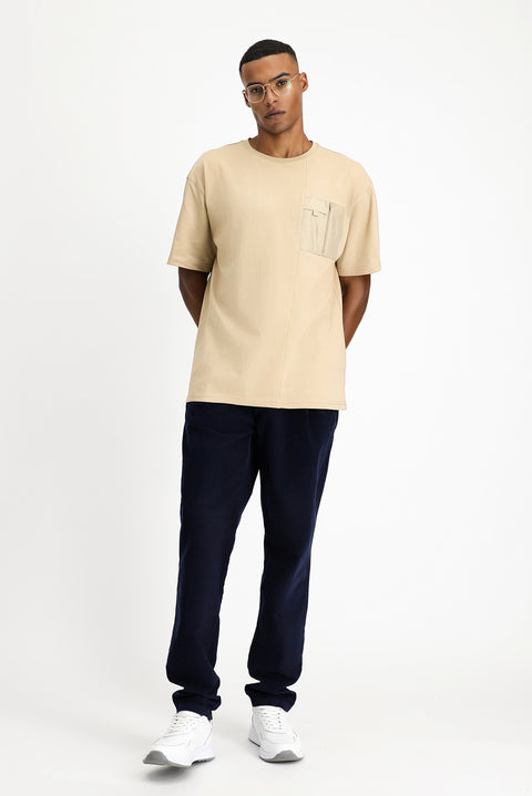 Medium Beige Crew Neck Oversize Cotton T-Shirt