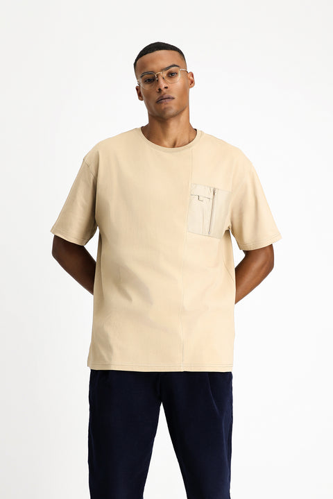 Medium Beige Crew Neck Oversize Cotton T-Shirt