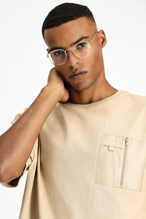Medium Beige Crew Neck Oversize Cotton T-Shirt