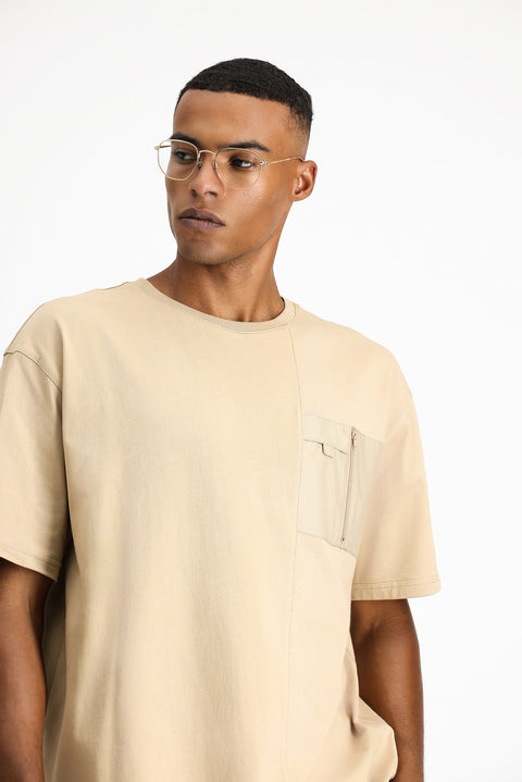 Medium Beige Crew Neck Oversize Cotton T-Shirt
