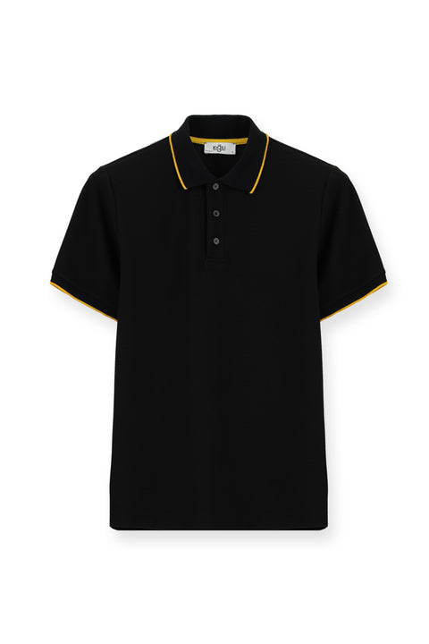 Siyah Regular Fit Desenli Likralı Polo Yaka Tişört