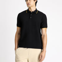 Siyah Regular Fit Desenli Likralı Polo Yaka Tişört