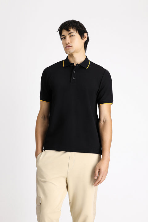 Siyah Regular Fit Desenli Likralı Polo Yaka Tişört