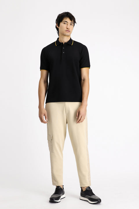 Siyah Regular Fit Desenli Likralı Polo Yaka Tişört
