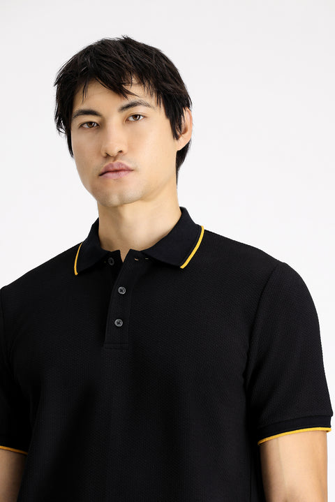 Siyah Regular Fit Desenli Likralı Polo Yaka Tişört