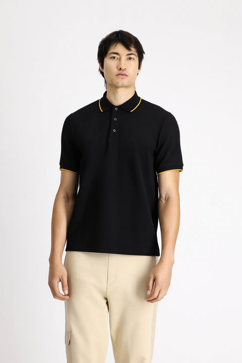 Siyah Regular Fit Desenli Likralı Polo Yaka Tişört