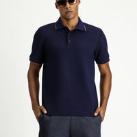 Dark Navy Regular Fit Patterned Lycra Polo Shirt
