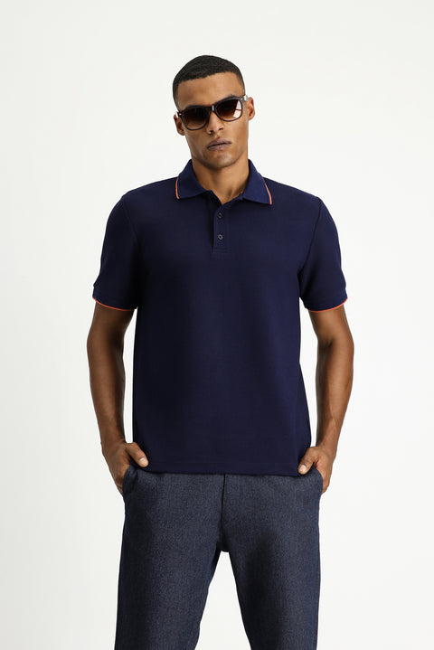 Dark Navy Regular Fit Patterned Lycra Polo Shirt