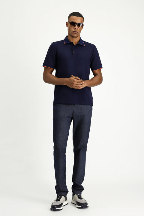 Dark Navy Regular Fit Patterned Lycra Polo Shirt