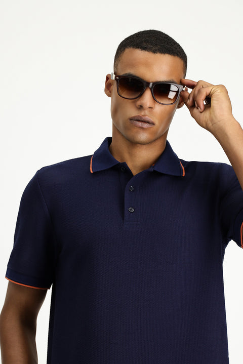 Dark Navy Regular Fit Patterned Lycra Polo Shirt