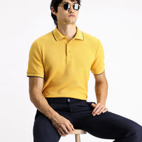 Dark Yellow Regular Fit Patterned Lycra Polo Shirt