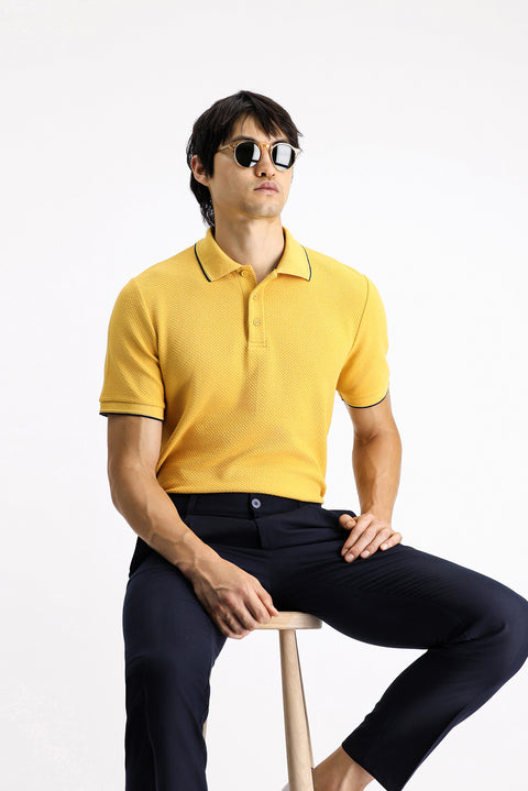 Dark Yellow Regular Fit Patterned Lycra Polo Shirt