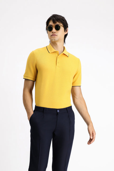 Dark Yellow Regular Fit Patterned Lycra Polo Shirt