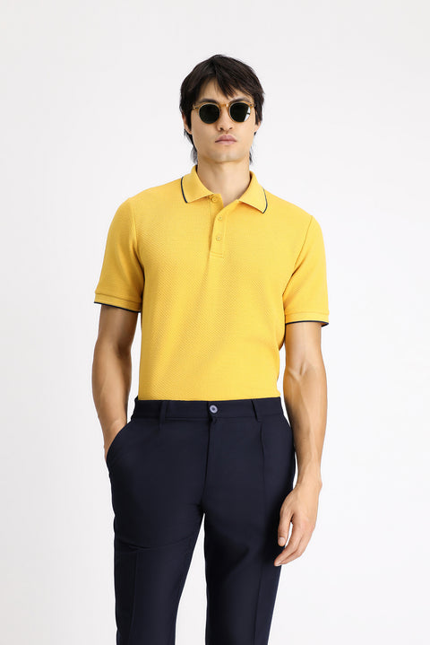 Dark Yellow Regular Fit Patterned Lycra Polo Shirt