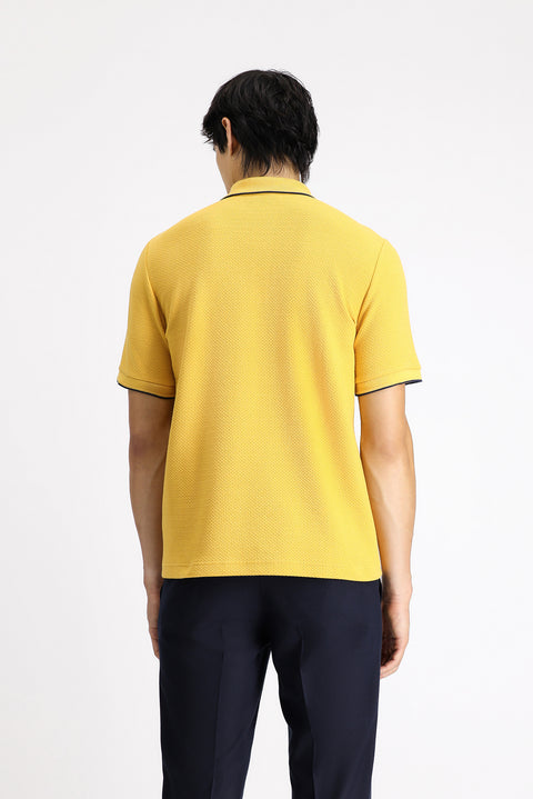 Dark Yellow Regular Fit Patterned Lycra Polo Shirt