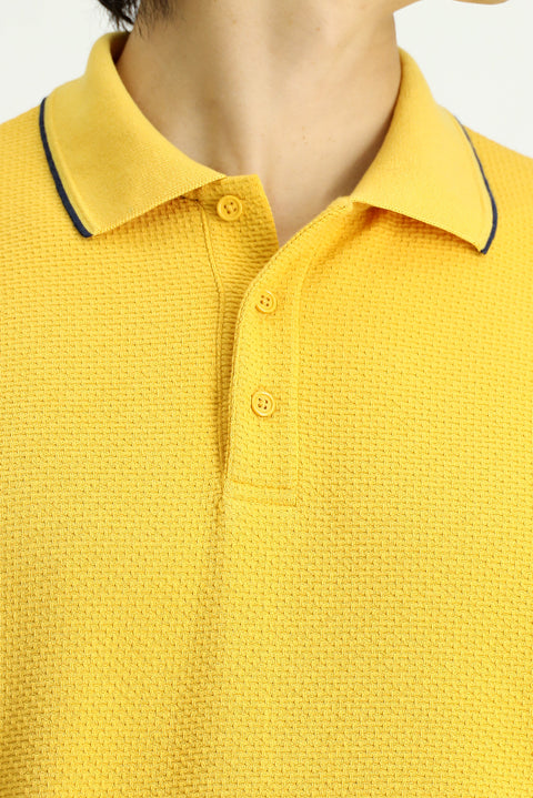 Dark Yellow Regular Fit Patterned Lycra Polo Shirt