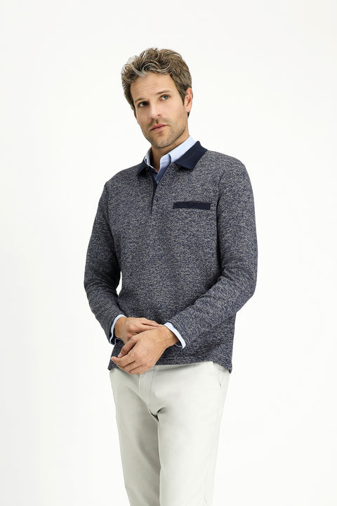 Light Navy Blue Polo Collar Regular Fit Cotton Sweatshirt