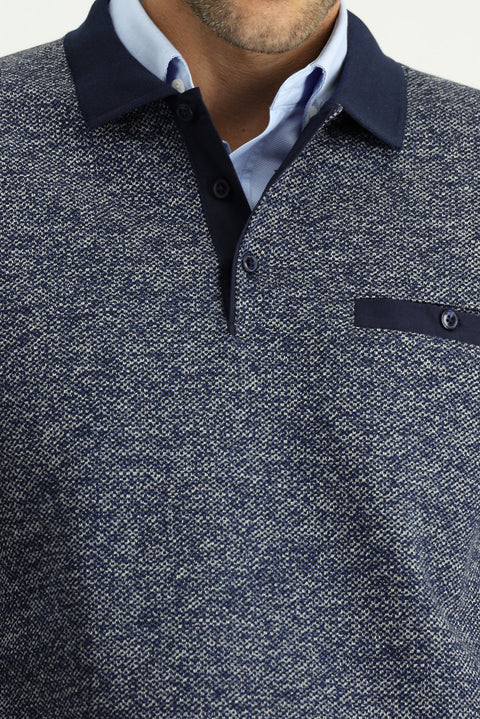 Light Navy Blue Polo Collar Regular Fit Cotton Sweatshirt