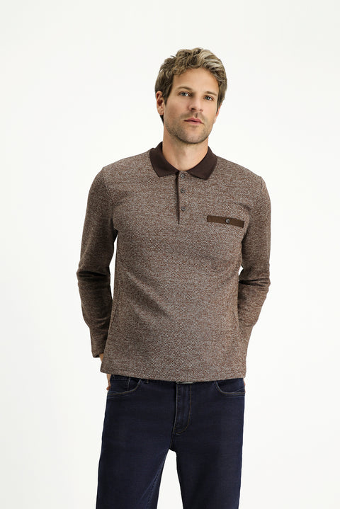 Medium Brown Polo Collar Regular Fit Cotton Sweatshirt
