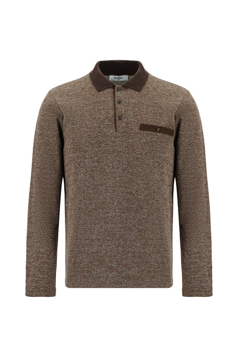 Medium Brown Polo Collar Regular Fit Cotton Sweatshirt