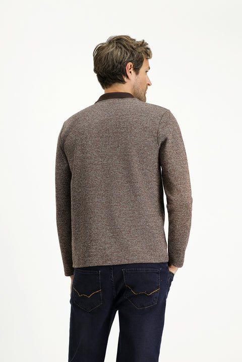 Medium Brown Polo Collar Regular Fit Cotton Sweatshirt