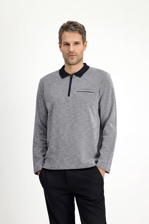 Light Navy Blue Polo Collar Regular Fit Patterned Zip-Up Cotton Sweatshirt