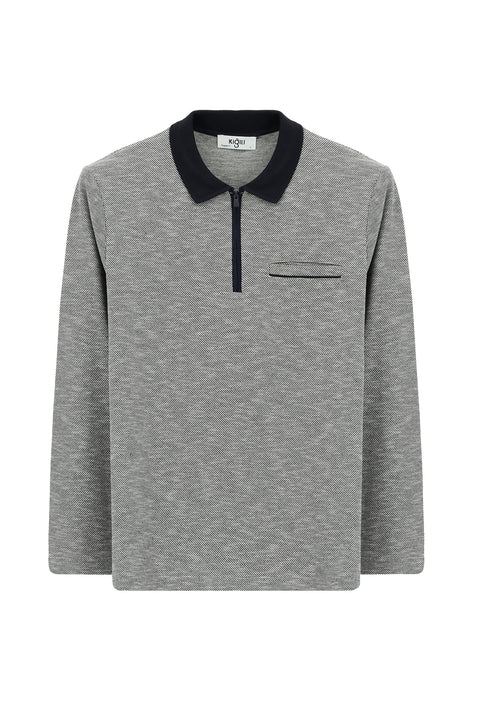 Light Navy Blue Polo Collar Regular Fit Patterned Zip-Up Cotton Sweatshirt