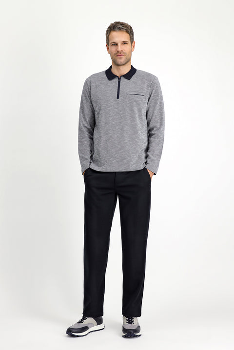 Light Navy Blue Polo Collar Regular Fit Patterned Zip-Up Cotton Sweatshirt