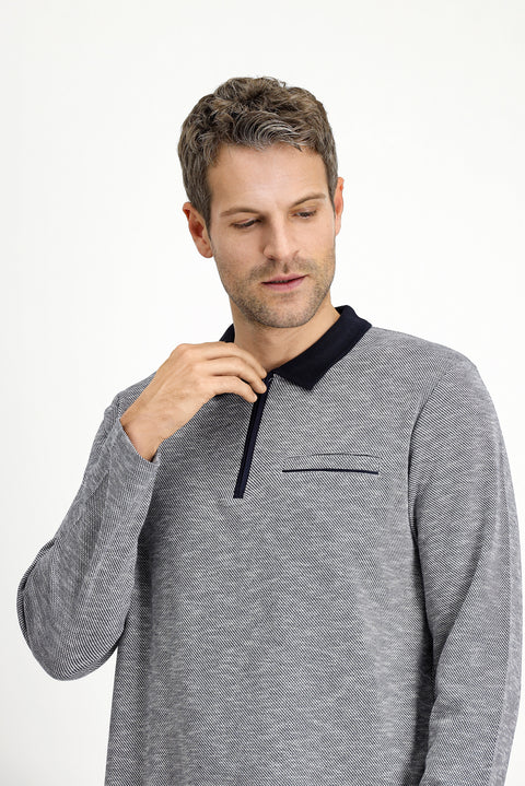 Light Navy Blue Polo Collar Regular Fit Patterned Zip-Up Cotton Sweatshirt