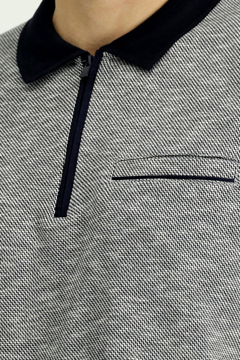 Light Navy Blue Polo Collar Regular Fit Patterned Zip-Up Cotton Sweatshirt
