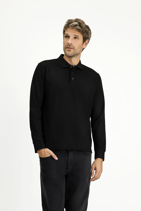 Black Polo Collar Regular Fit Patterned Sweatshirt