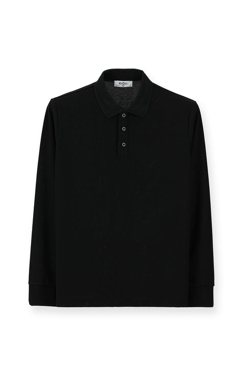 Black Polo Collar Regular Fit Patterned Sweatshirt