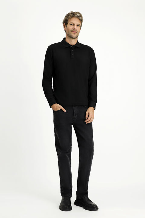 Black Polo Collar Regular Fit Patterned Sweatshirt