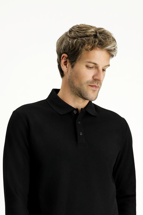 Black Polo Collar Regular Fit Patterned Sweatshirt