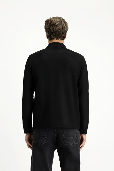 Black Polo Collar Regular Fit Patterned Sweatshirt
