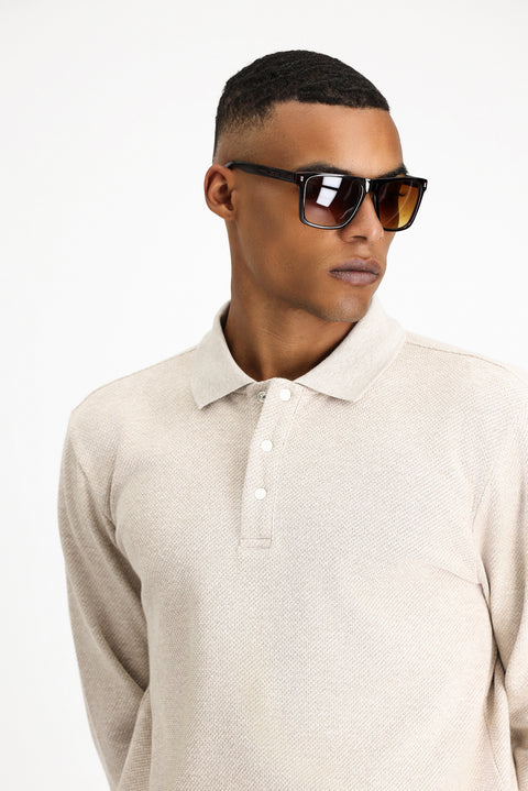 Light Beige Polo Collar Regular Fit Patterned Sweatshirt