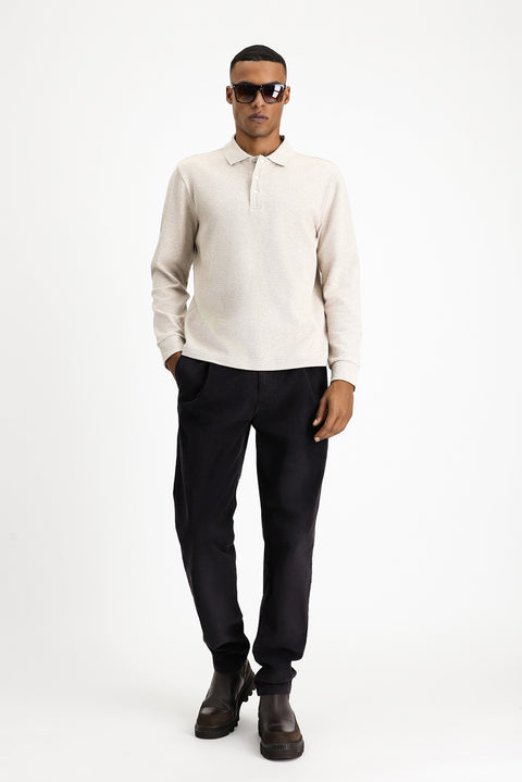 Light Beige Polo Collar Regular Fit Patterned Sweatshirt