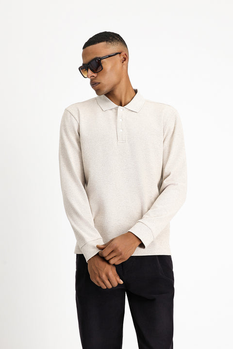 Light Beige Polo Collar Regular Fit Patterned Sweatshirt