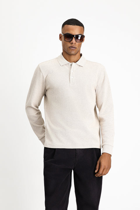 Light Beige Polo Collar Regular Fit Patterned Sweatshirt